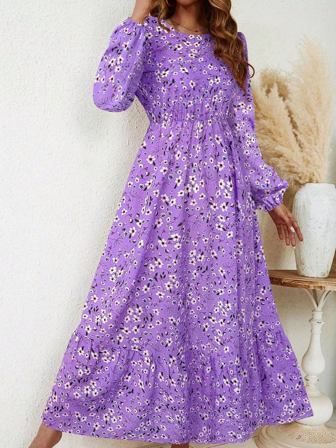 Enchanting Magnificently Smocked Midriff Floral Pattern Bishop Sleeves Maxi Dress