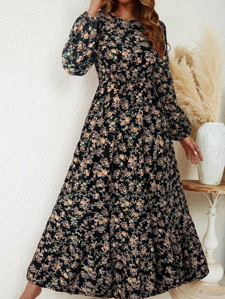 Enchanting Magnificently Smocked Midriff Floral Pattern Bishop Sleeves Maxi Dress
