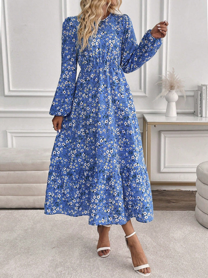 Enchanting Magnificently Smocked Midriff Floral Pattern Bishop Sleeves Maxi Dress