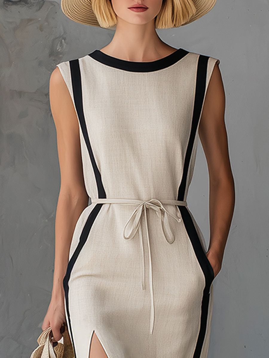 Women’s Cotton Linen Midi Dress – Off White Sleeveless Black Trim Waist Tie Slit Hem Dress