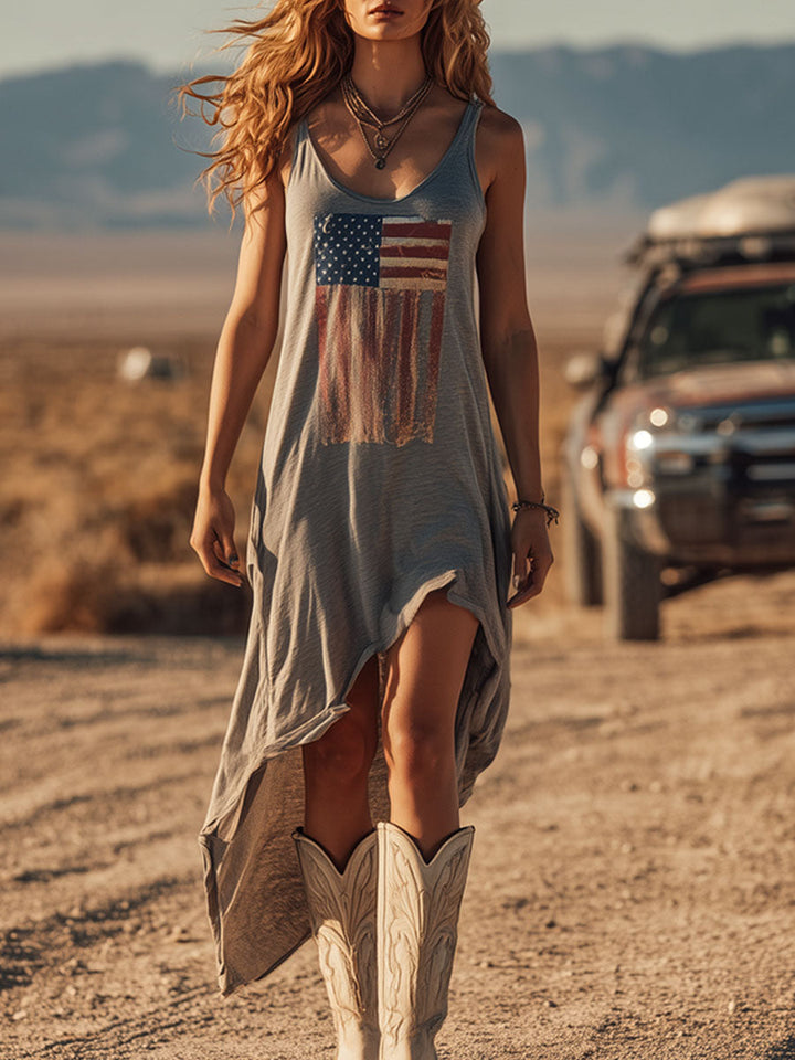 Women’s Cotton Midi Dress – American Flag Print Athleisure Sleeveless Breathable Dress