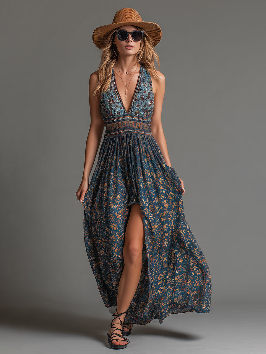 Bohemian Luxe Breathable Teal Chiffon Ethnic Floral Maxi Dress