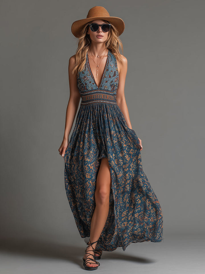 Bohemian Luxe Breathable Teal Chiffon Ethnic Floral Maxi Dress