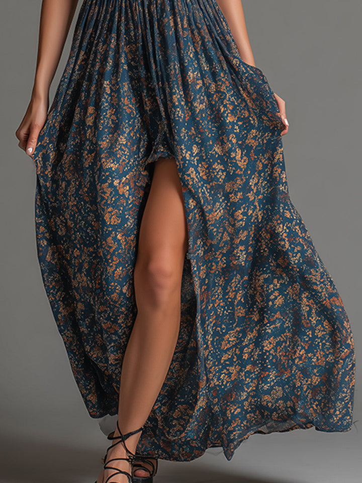 Bohemian Luxe Breathable Teal Chiffon Ethnic Floral Maxi Dress