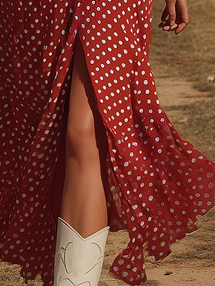 Women’s Red Polka Dot Chiffon Midi Dress – Chic Retro Halter Neck V-Neck Slit Dress