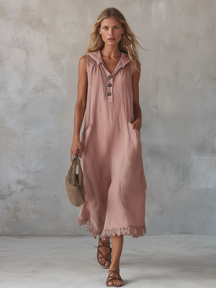 Women’s Cotton Linen Midi Dress – Retro Hooded Button Down Lace Trim with Pockets