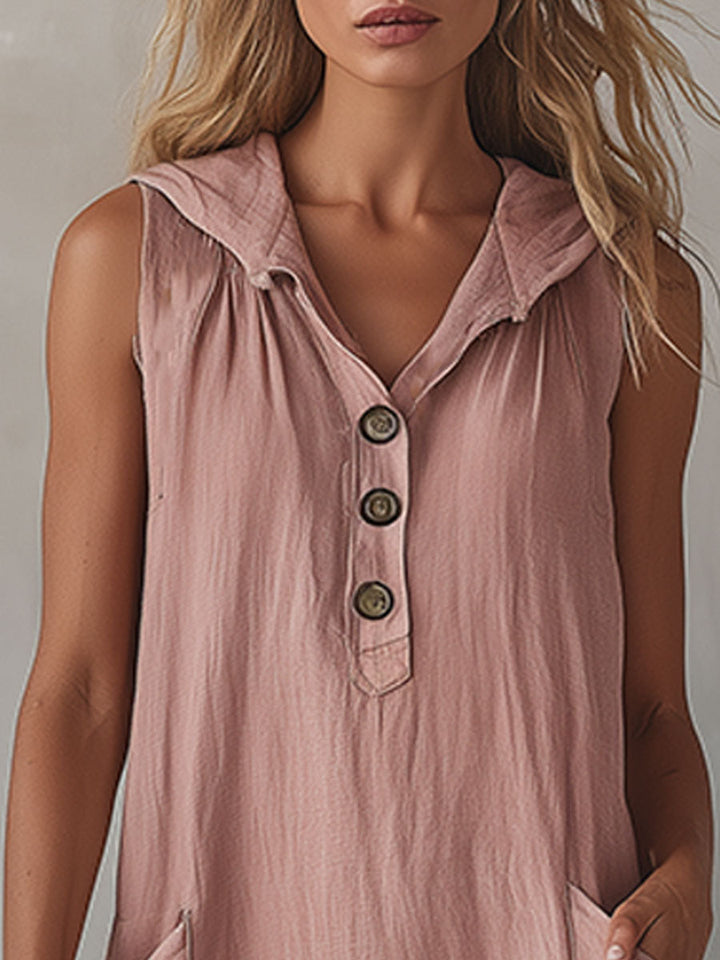 Women’s Cotton Linen Midi Dress – Retro Hooded Button Down Lace Trim with Pockets