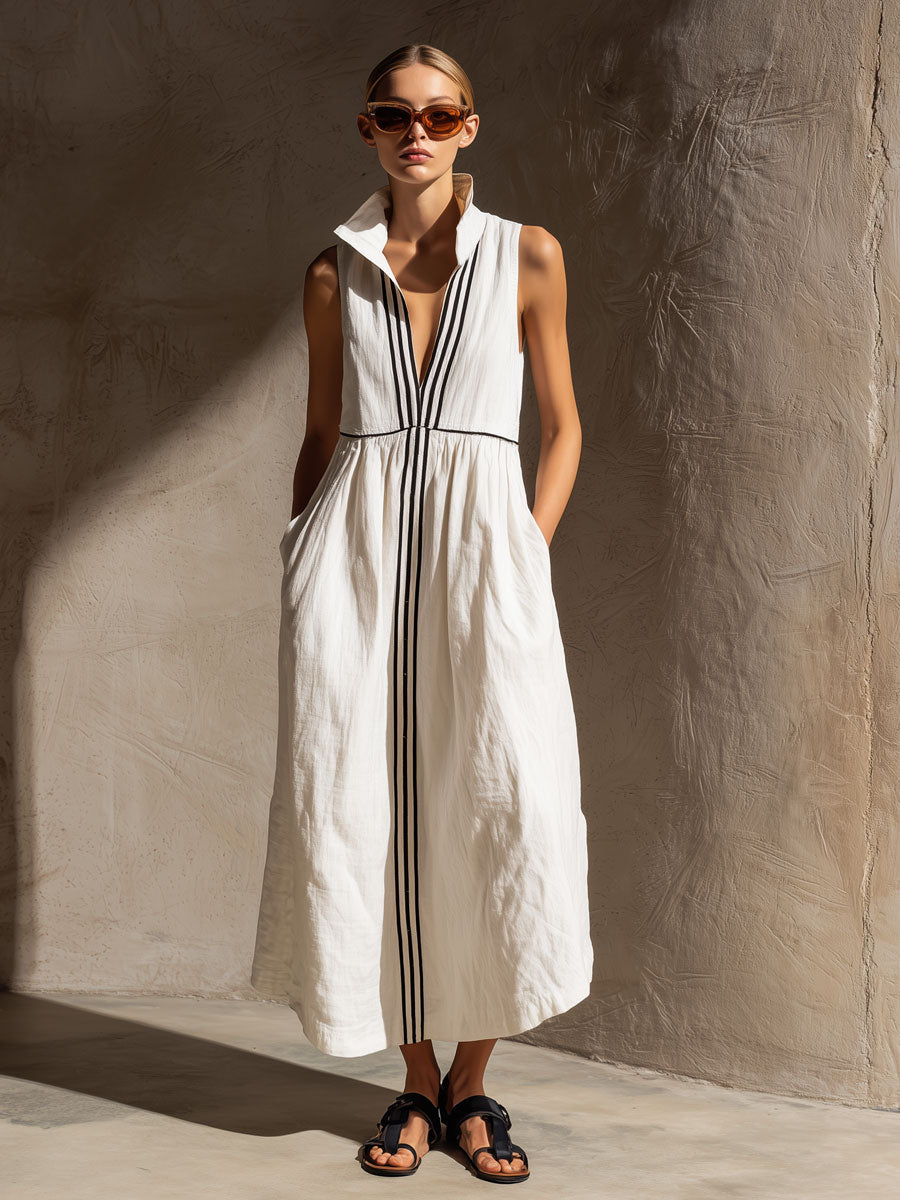 Women’s Cotton Linen Midi Dress – Effortless Lapel Collar Striped Ribbon Detail with Pockets