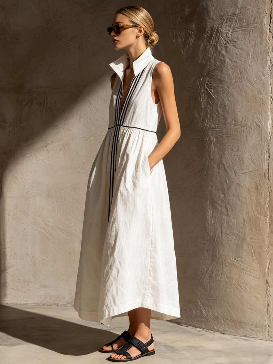 Women’s Cotton Linen Midi Dress – Effortless Lapel Collar Striped Ribbon Detail with Pockets