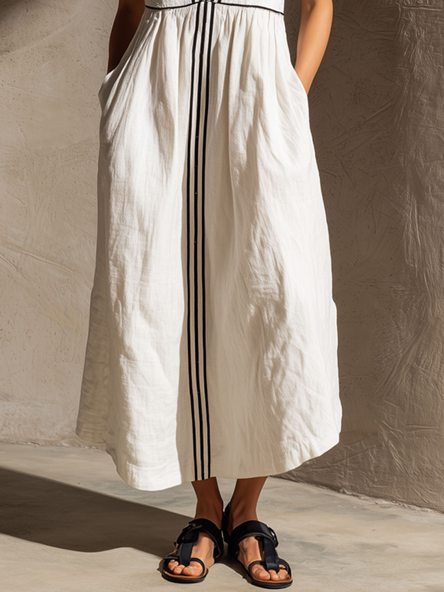 Women’s Cotton Linen Midi Dress – Effortless Lapel Collar Striped Ribbon Detail with Pockets