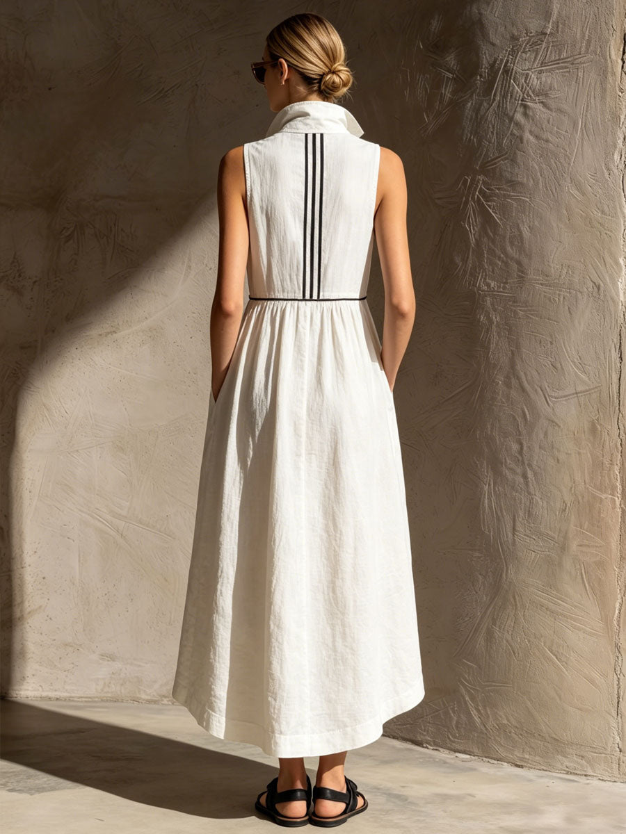Women’s Cotton Linen Midi Dress – Effortless Lapel Collar Striped Ribbon Detail with Pockets