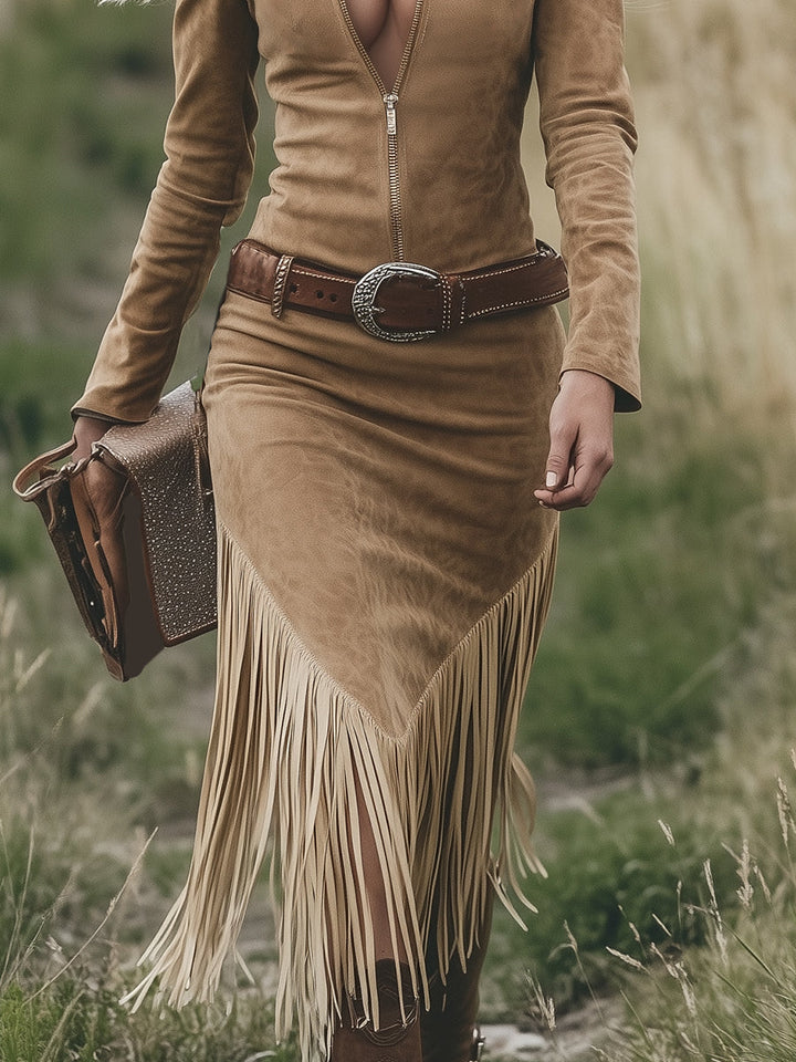 Luxurious Suede Western Lapel Zipper Tassel Belt Midi Dress