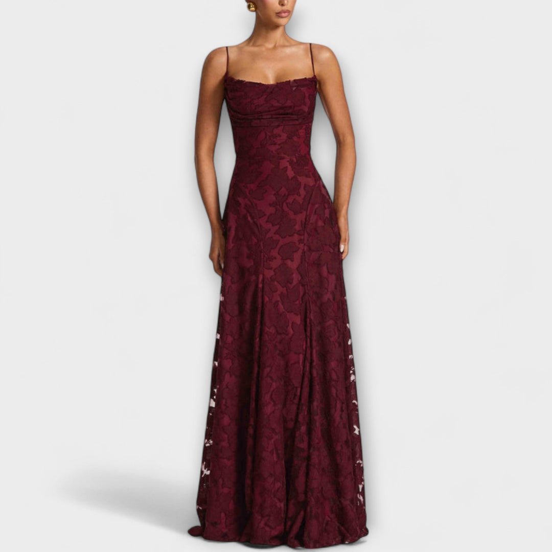 Luxurious Floral-Embroidered Lace-Trimmed Maxi With Delicate Spaghetti Straps Dress