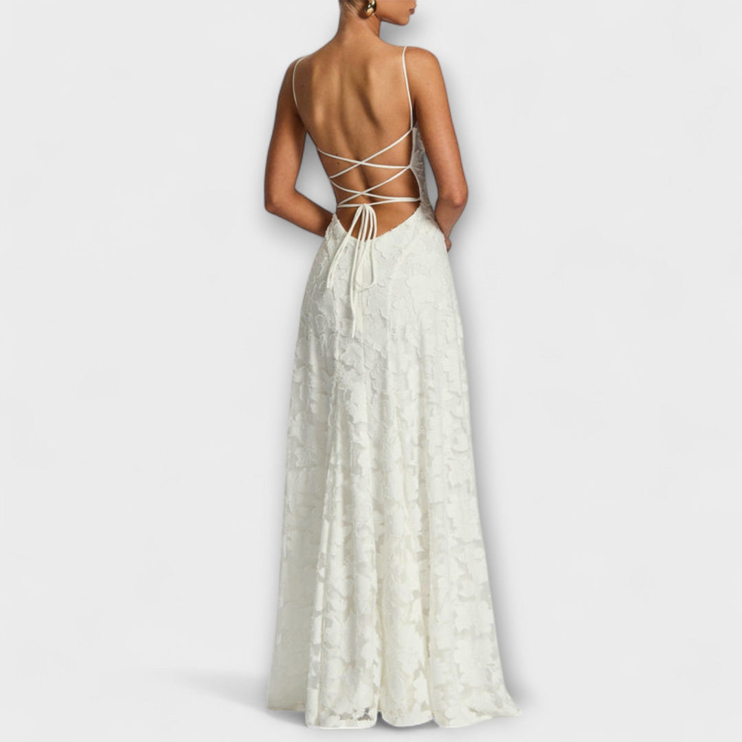Luxurious Floral-Embroidered Lace-Trimmed Maxi With Delicate Spaghetti Straps Dress