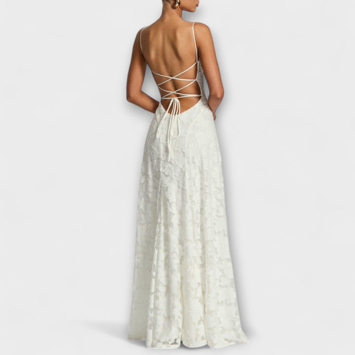 Luxurious Floral-Embroidered Lace-Trimmed Maxi With Delicate Spaghetti Straps Dress