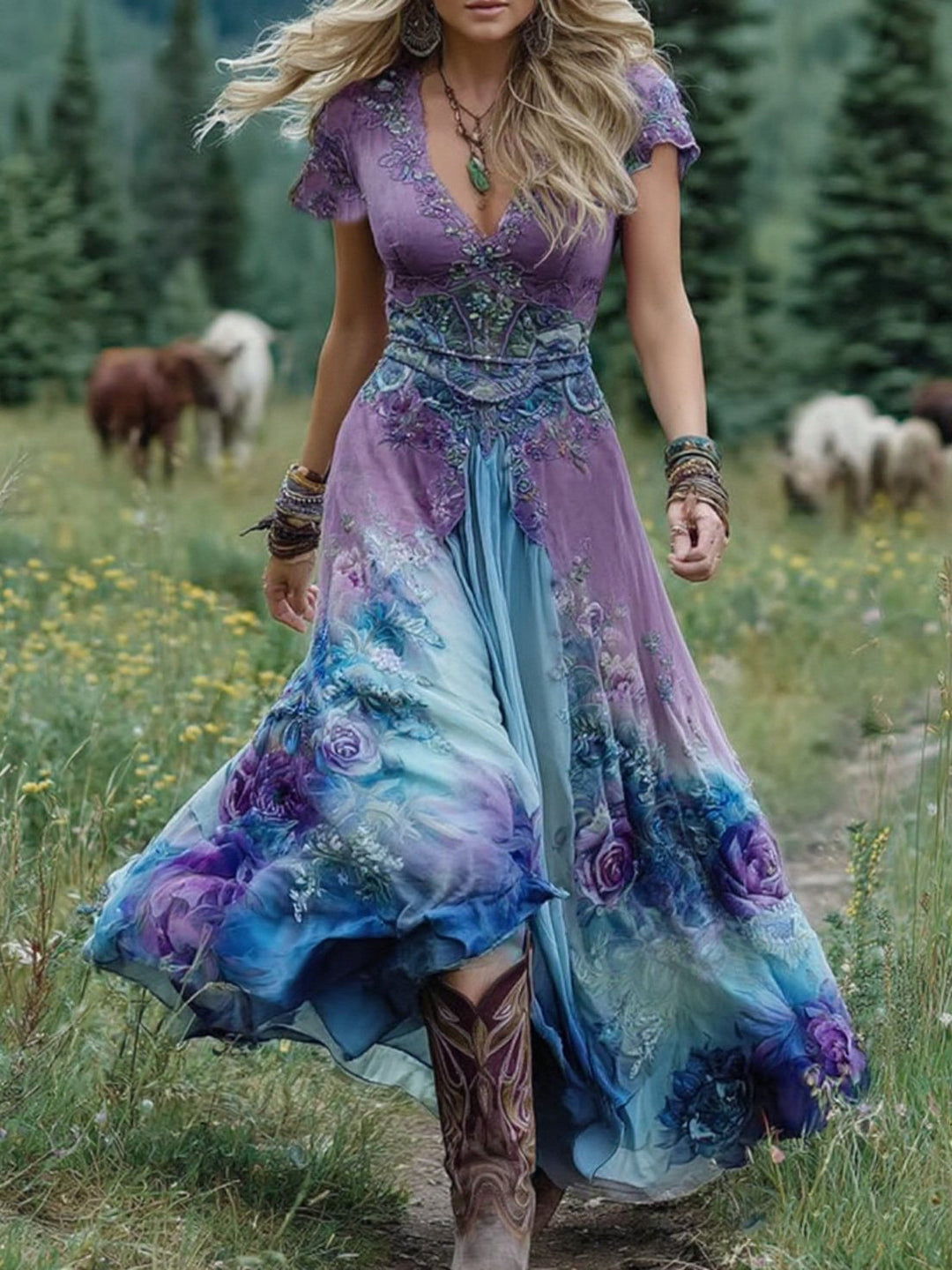Romantic Gradient Floral Print Ethereal Silhouette Ultra Soft Weave Chiffon Maxi Dress