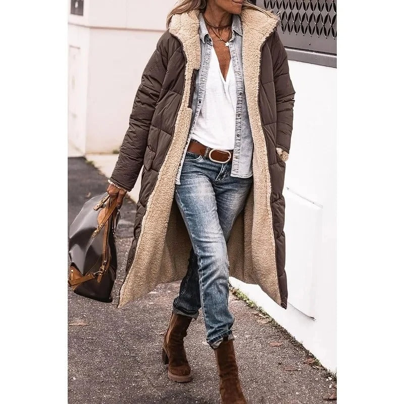 Stylish Long Down Jacket for Women with Sherpa Lining