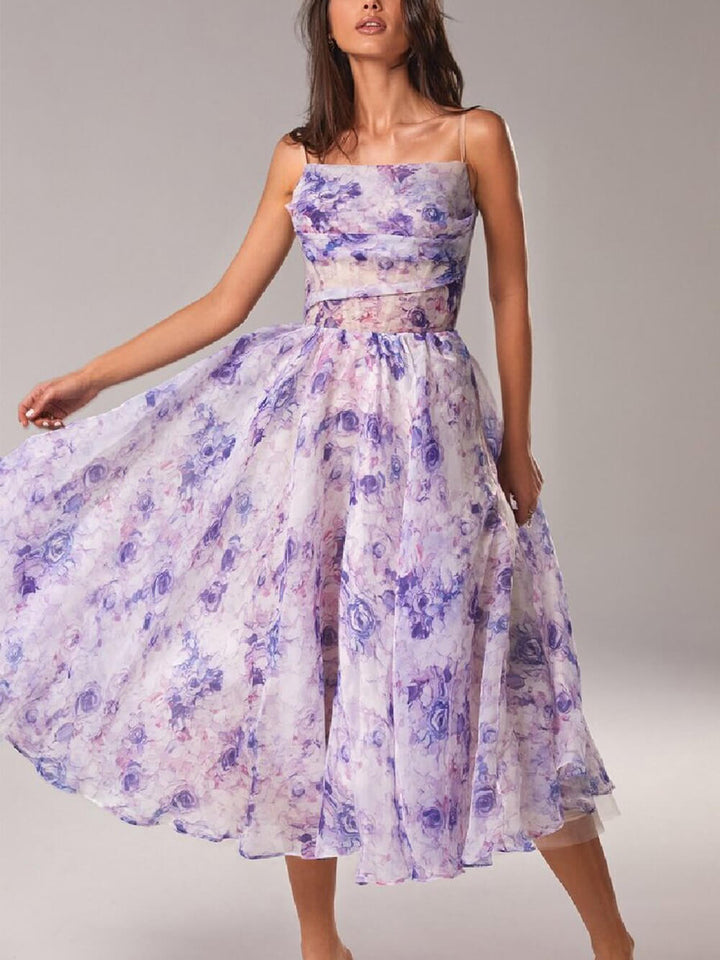 Women’s Floral Print Midi Dress – Romantic Powder Rose Blush Spaghetti Strap A-Line Dress