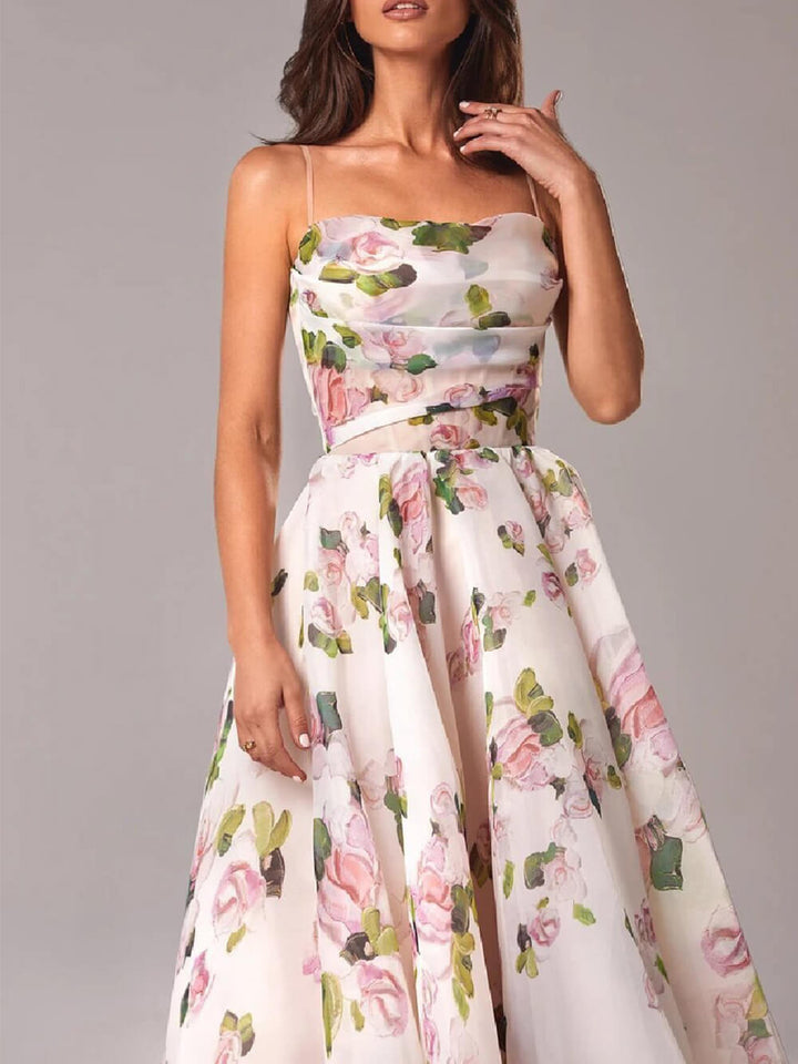 Women’s Floral Print Midi Dress – Romantic Powder Rose Blush Spaghetti Strap A-Line Dress
