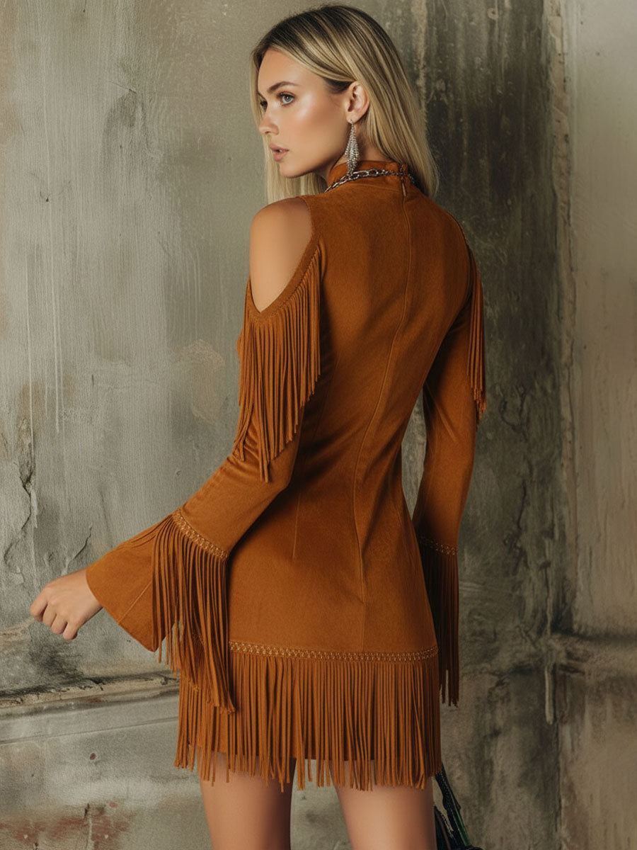 Semi-High Neck Off-the-Shoulder Fringed Faux Suede Long-Sleeved Mini Dress