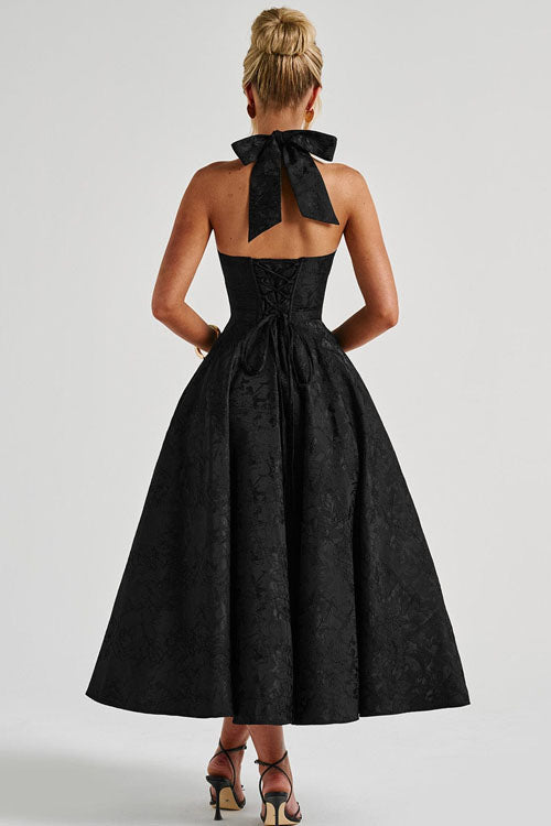 Enchanting Halter-Neck Jacquard Textured Pattern Cinched Waist Flared Maxi Dress