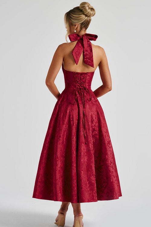 Enchanting Halter-Neck Jacquard Textured Pattern Cinched Waist Flared Maxi Dress