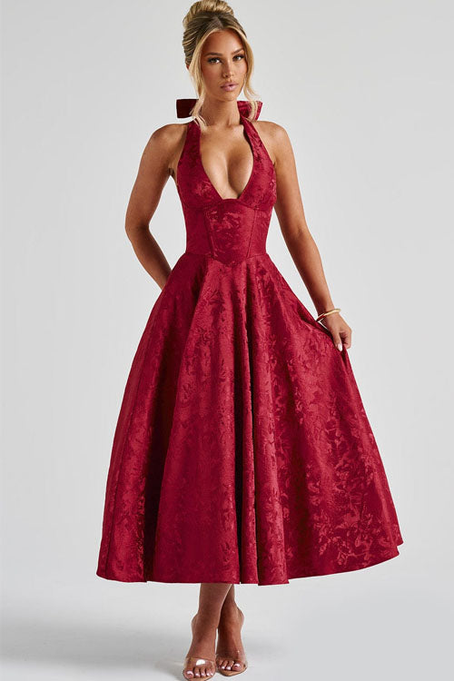 Enchanting Halter-Neck Jacquard Textured Pattern Cinched Waist Flared Maxi Dress