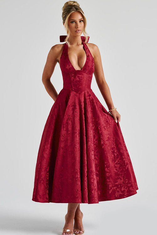 Enchanting Halter-Neck Jacquard Textured Pattern Cinched Waist Flared Maxi Dress
