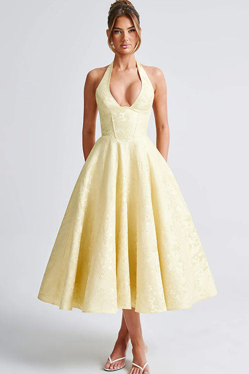 Enchanting Halter-Neck Jacquard Textured Pattern Cinched Waist Flared Maxi Dress