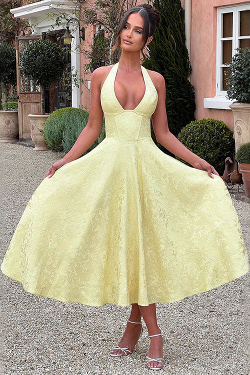 Enchanting Halter-Neck Jacquard Textured Pattern Cinched Waist Flared Maxi Dress