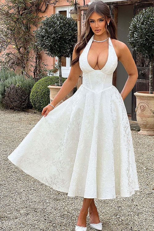 Enchanting Halter-Neck Jacquard Textured Pattern Cinched Waist Flared Maxi Dress