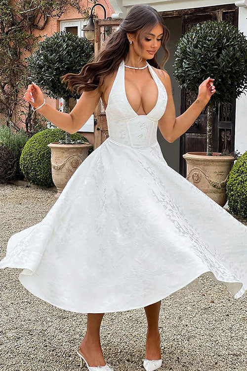 Enchanting Halter-Neck Jacquard Textured Pattern Cinched Waist Flared Maxi Dress