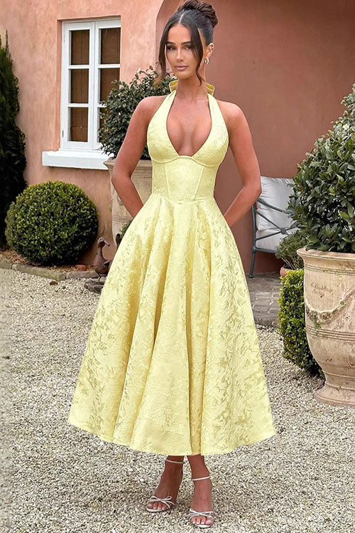 Enchanting Halter-Neck Jacquard Textured Pattern Cinched Waist Flared Maxi Dress