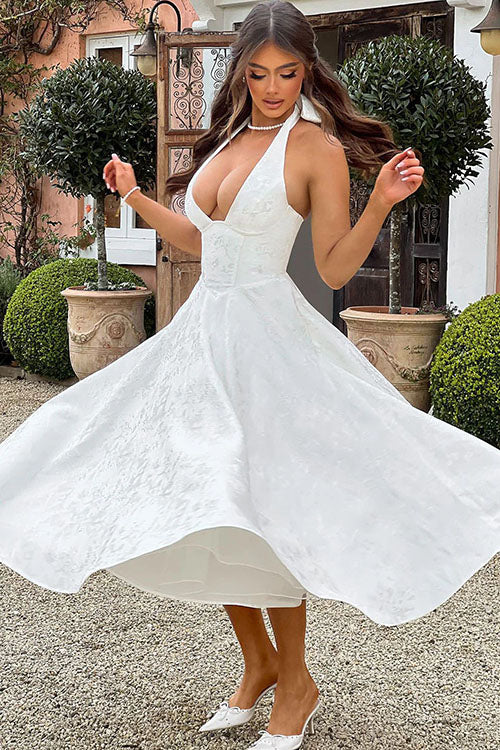 Enchanting Halter-Neck Jacquard Textured Pattern Cinched Waist Flared Maxi Dress