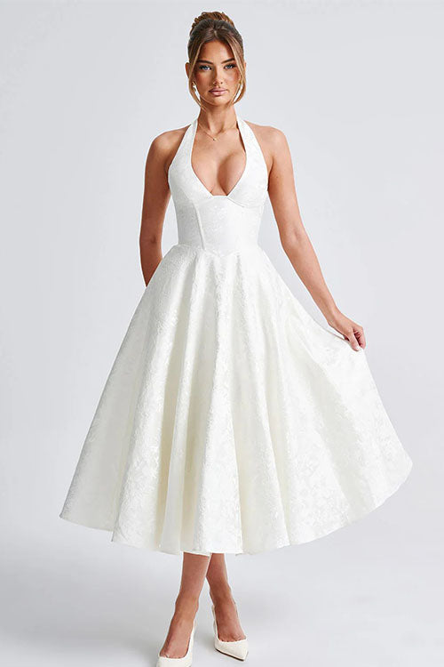 Enchanting Halter-Neck Jacquard Textured Pattern Cinched Waist Flared Maxi Dress