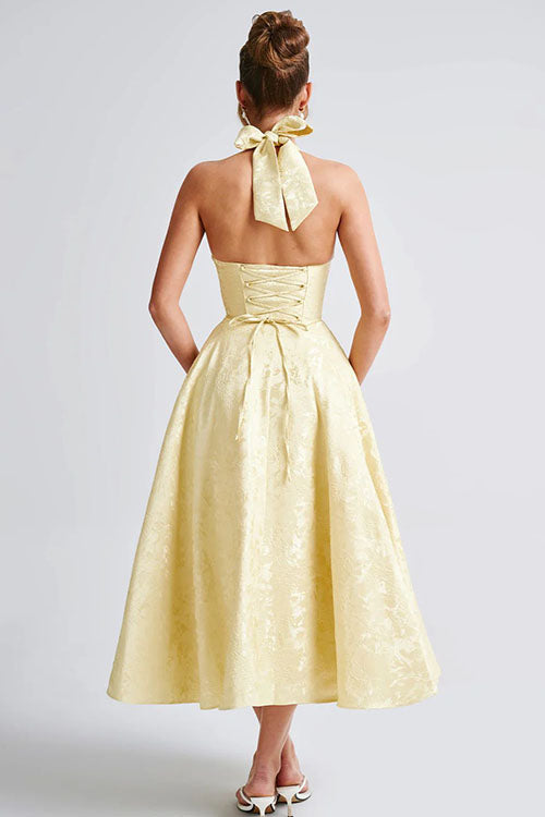 Enchanting Halter-Neck Jacquard Textured Pattern Cinched Waist Flared Maxi Dress