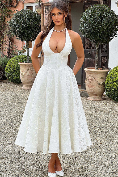 Enchanting Halter-Neck Jacquard Textured Pattern Cinched Waist Flared Maxi Dress