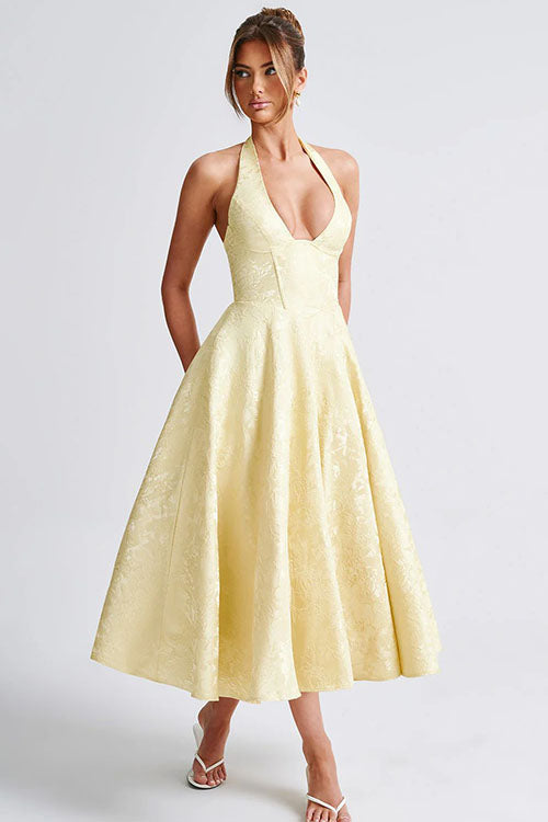 Enchanting Halter-Neck Jacquard Textured Pattern Cinched Waist Flared Maxi Dress