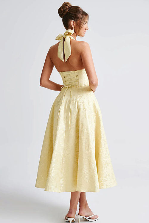 Enchanting Halter-Neck Jacquard Textured Pattern Cinched Waist Flared Maxi Dress