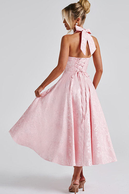 Enchanting Halter-Neck Jacquard Textured Pattern Cinched Waist Flared Maxi Dress