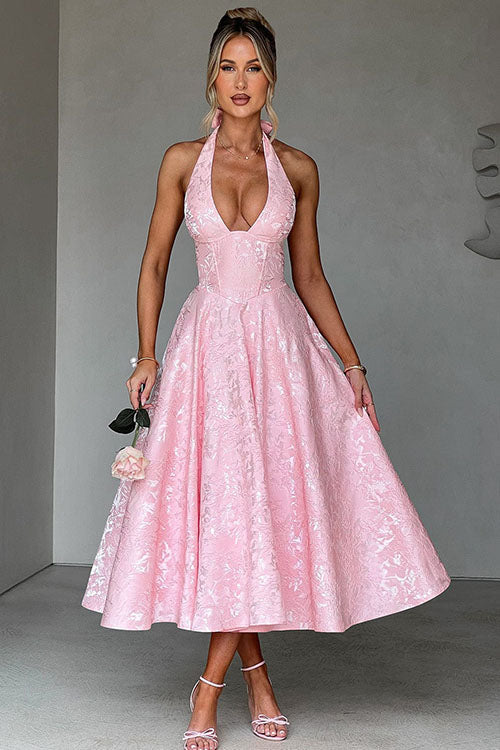 Enchanting Halter-Neck Jacquard Textured Pattern Cinched Waist Flared Maxi Dress