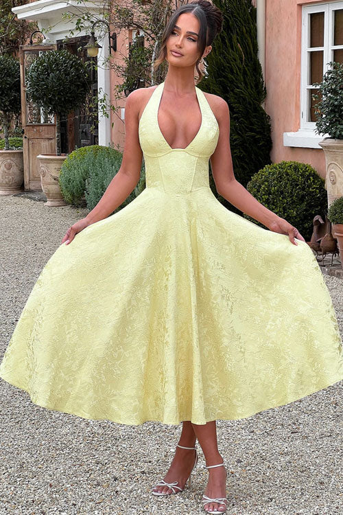 Enchanting Halter-Neck Jacquard Textured Pattern Cinched Waist Flared Maxi Dress