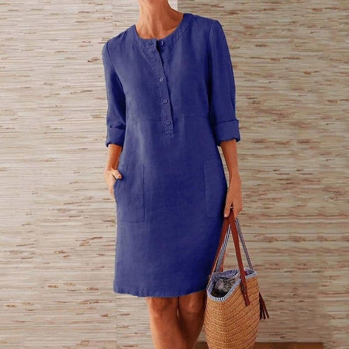 Women’s Cotton Linen Shift Dress – Button Front Knee Length Chic Dress with Pockets