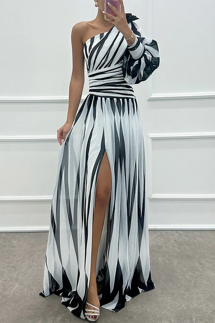 Alluring Sophisticated Pinstriped One Shoulder Sateen Weave Draped Waistline Maxi Dress
