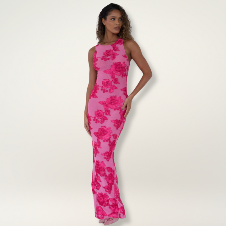 Women’s Floral Crepe Maxi Dress – Elegant Flowing Soft Pink Breathable Dress