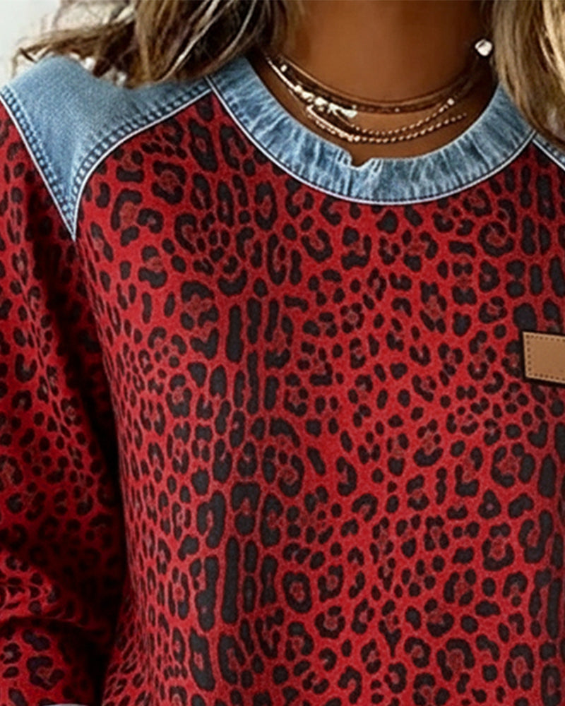 Leopard Print Denim Patchwork Pullover