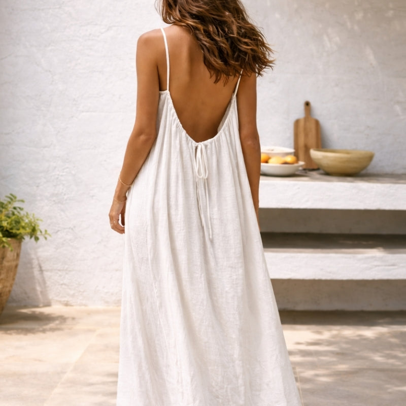Effortlessly Spaghetti Strap Linen Gathered Neckline Pockets Breathable Maxi Dress