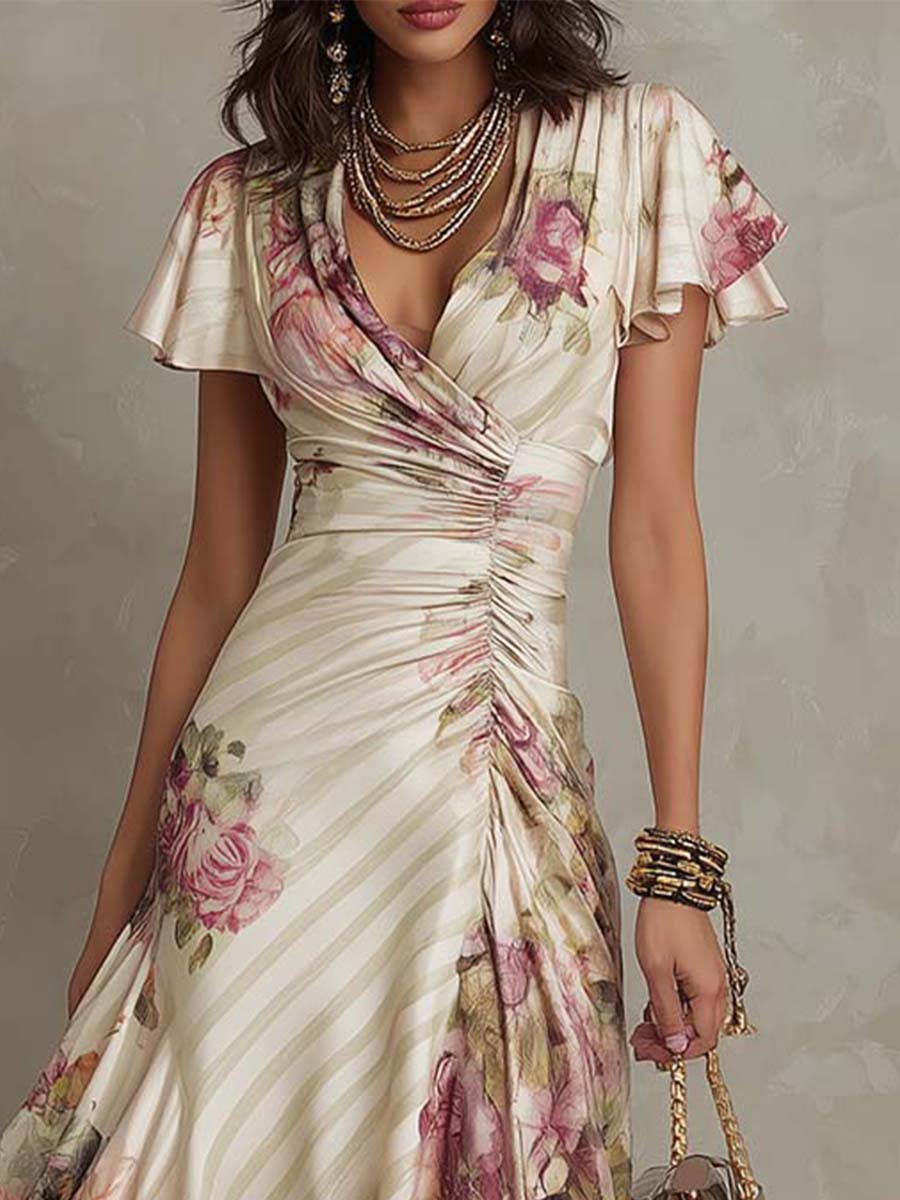 Romantic Vintage Floral Chiffon With Ivory Blush Print Midi Dress
