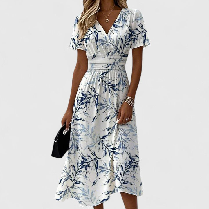 Women’s Floral Wrap Midi Dress – Elegant Flowing V-Neck Short Sleeve Dress