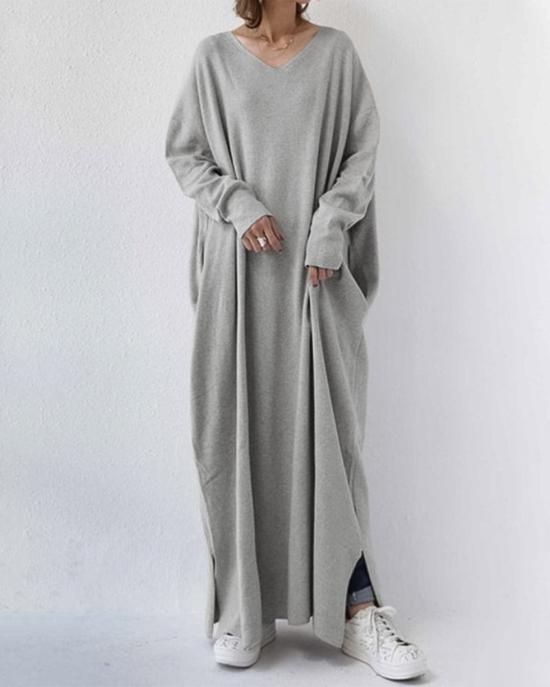 Luxuriously Elegant Long-Sleeve Wool-Blend Winter Maxi With Flowing Silhouette Dress